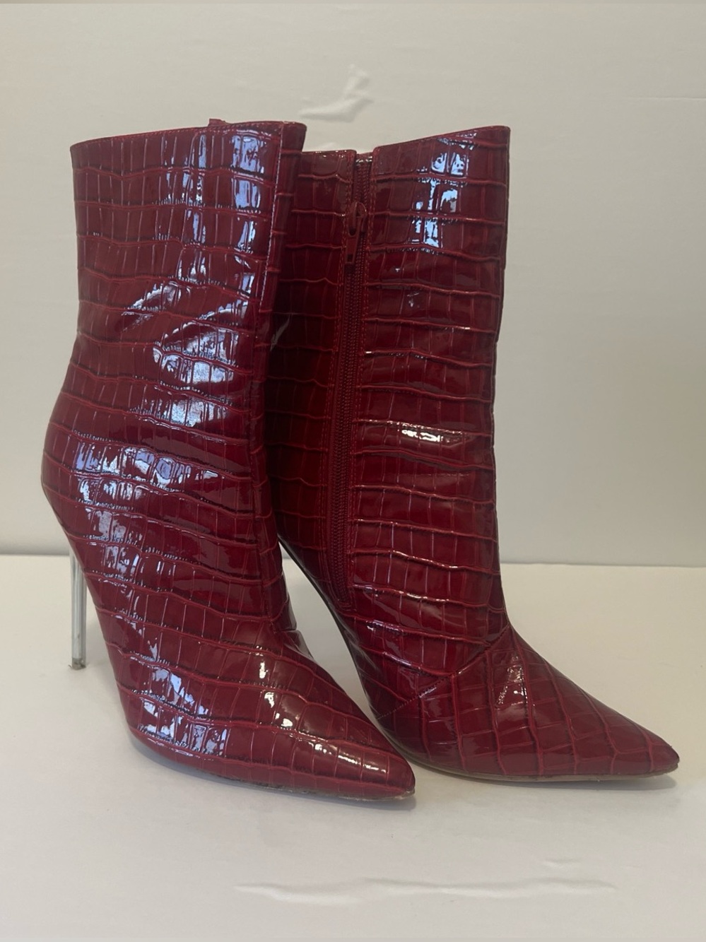 Fashion Nova Burgundy Croc-Embossed Pointed Toe Ankle Boots